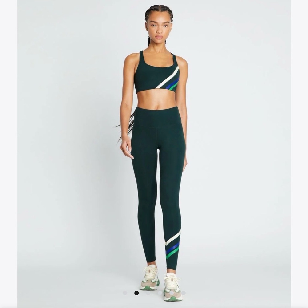 Tory Burch Multi-Stripe Chevron Green Leggings with Blue and White Stripes L